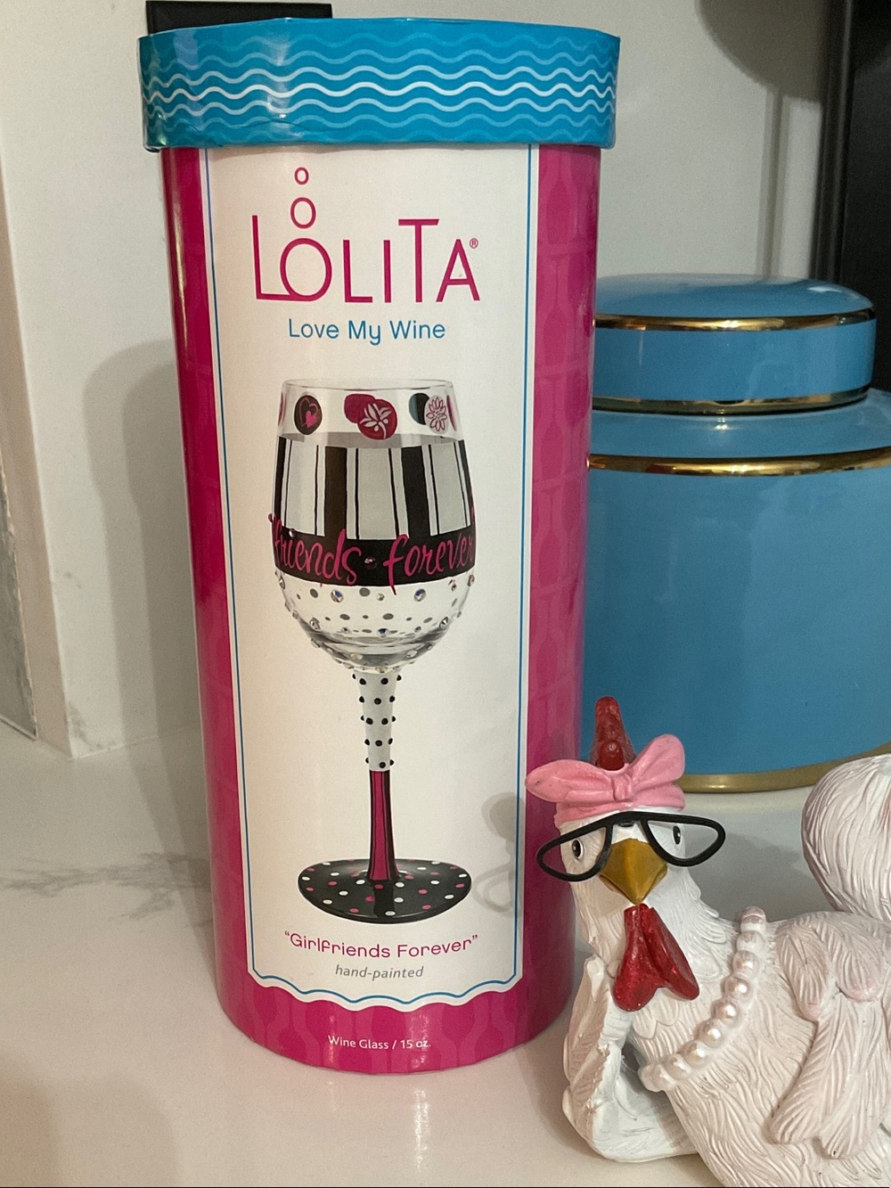 Lolita Pink and Turquoise 'Girlfriends Forever' Decorative Wine Glass